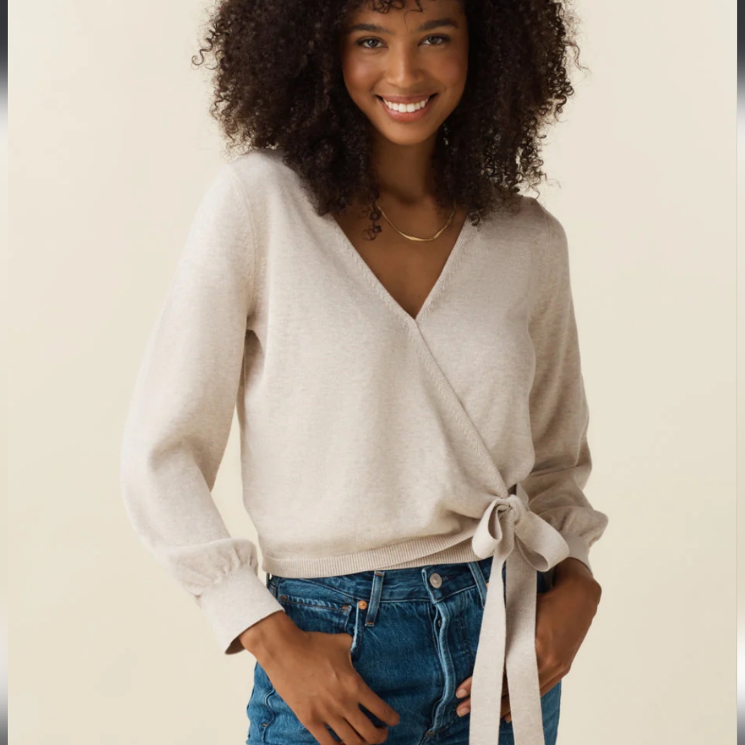 Vetta Cream Wrap V-Neck Sweater With Side Tie